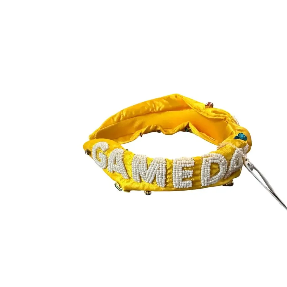 Embellished Yellow Headband with Game Day and colorful stones.